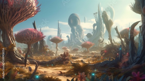 An alien planet with unusual plants and creatures Generative AI photo