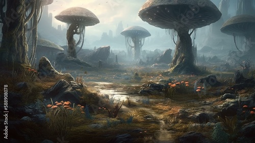 An alien planet with unusual plants and creatures Generative AI