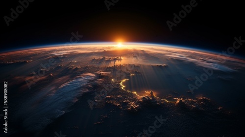 A view of Earth from space with a beautiful sunrise Generative AI