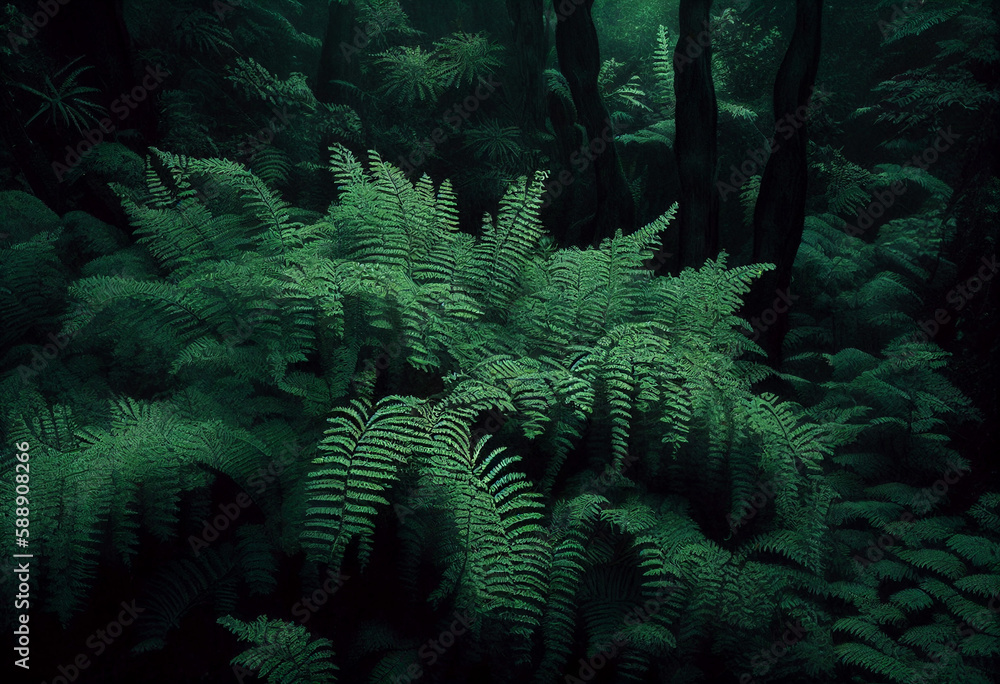 Beautiful lush green fern forest. Ethereal untouched nature. Fresh. 