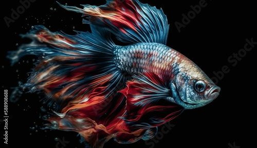 Beautiful colorful betta fish with a dark underwater scene. Based on Generative Ai.