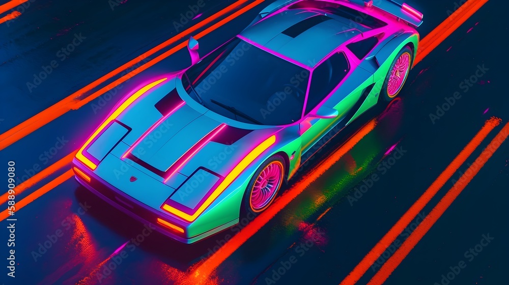 Φωτογραφία Sports Car On Neon Highway - Race cars on futuristic track -  Generative AI