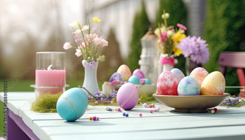 Easter Decorations - pastel colored Paschal eggs decorations on a wooden table top in the garden
