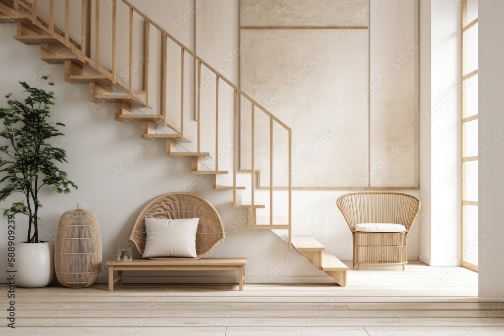 Modern zen style mockup of a white, empty room with a stairway and decorations. Generative AI Modern zen style mockup of a white, empty room with a stairway and decorations. Generative AI