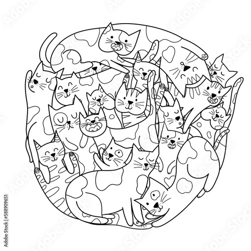 Cute doodle cats circle shape coloring page. Doodle mandala with funny feline animals for coloring book. Outline background. Vector illustration