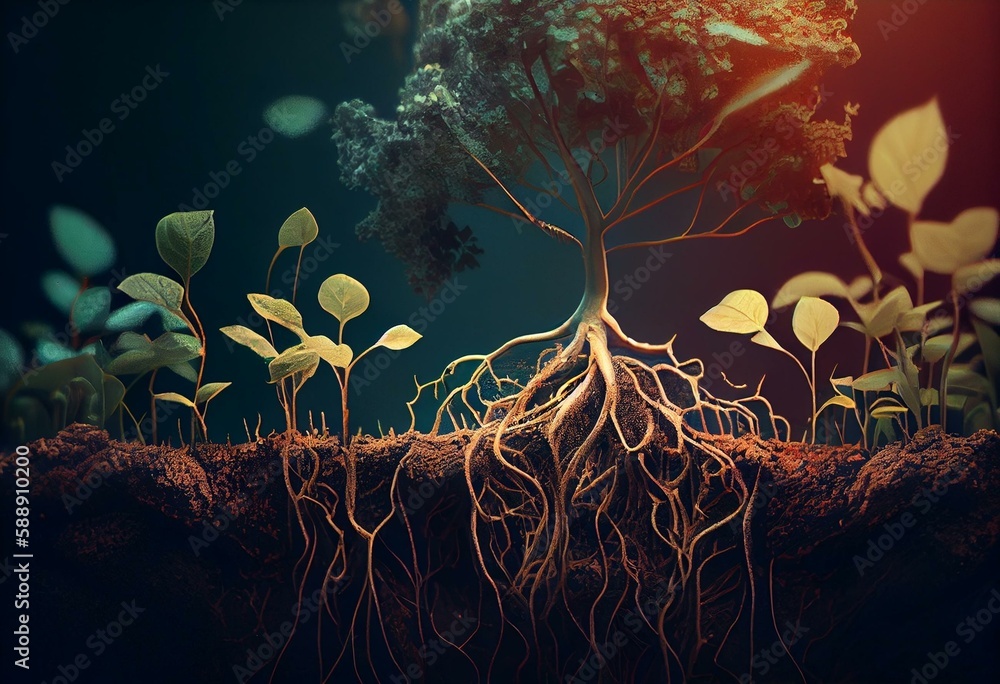 Plants growing on the surface and roots underground, earth section ...