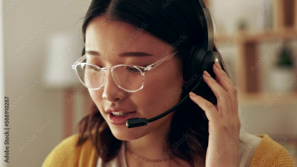 Communication, remote work or woman typing in call center consulting, speaking or talking at customer services. Smile, crm agent or Asian girl consultant in telemarketing or telecom company Communication, remote work or woman typing in call center consulting, speaking or talking at customer services. Smile, crm agent or Asian girl consultant in telemarketing or telecom company