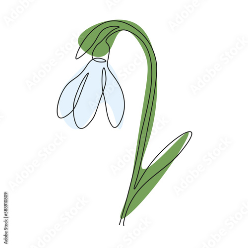 Spring snowdrop flower in continuous line art style.Gentle forest first spring flower. For design, decoration and printing