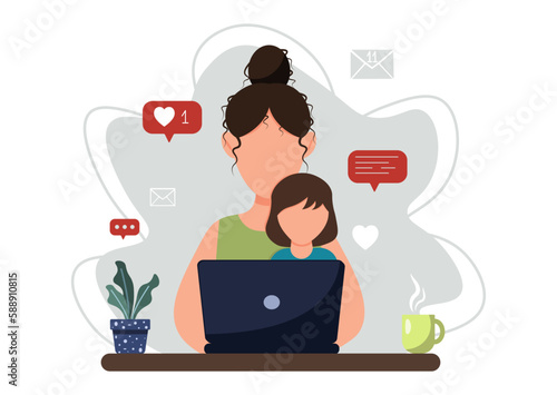 Woman freelancer working from home with child. Single mom taking care of her daughter alone. Single parent family