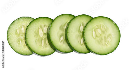 Sliced fresh cucumber on a white background, top view