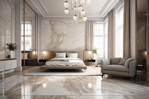 Luxury bedroom interior with marble flooring. Generative AI