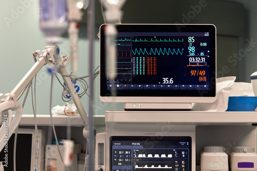 Heart rate monitor in a hospital theater. Medical device for monitoring vital signs in the hospital on the monitor of anesthesia surgery. ECG patient monitor. medical electronics.