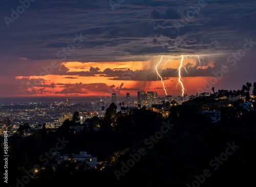 Obraz na płótnie Rare photo of a Lightning Strike at sunset in Los Angeles, California