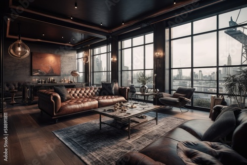 Industrial Chic: Luxurious Living Room with London Views in Black and Brown Industrial Modern Interior Design. Generative AI © Milos Stojiljkovic