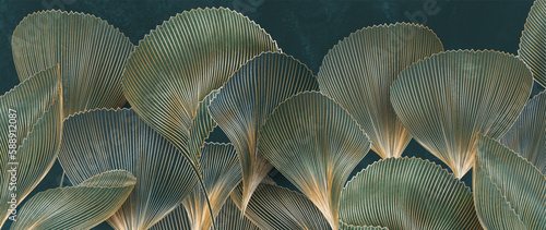 Tropical leaves in golden art line style on dark blue watercolor background. Botanical banner with tropical plants for decor, print, textile, wallpaper, interior design.