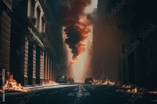 A burned city street with no life apocalyptic scene, selective focus. AI generated, human enhanced photo