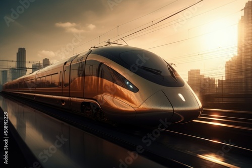 High-speed futuristic train. The concept of modern public transport and travel. AI generated, human enhanced