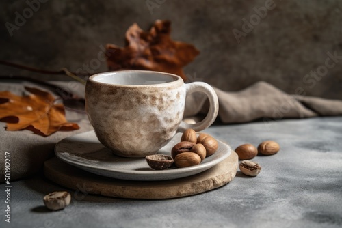 Coffee is in a ceramic mug against a stone backdrop. Generative AI
