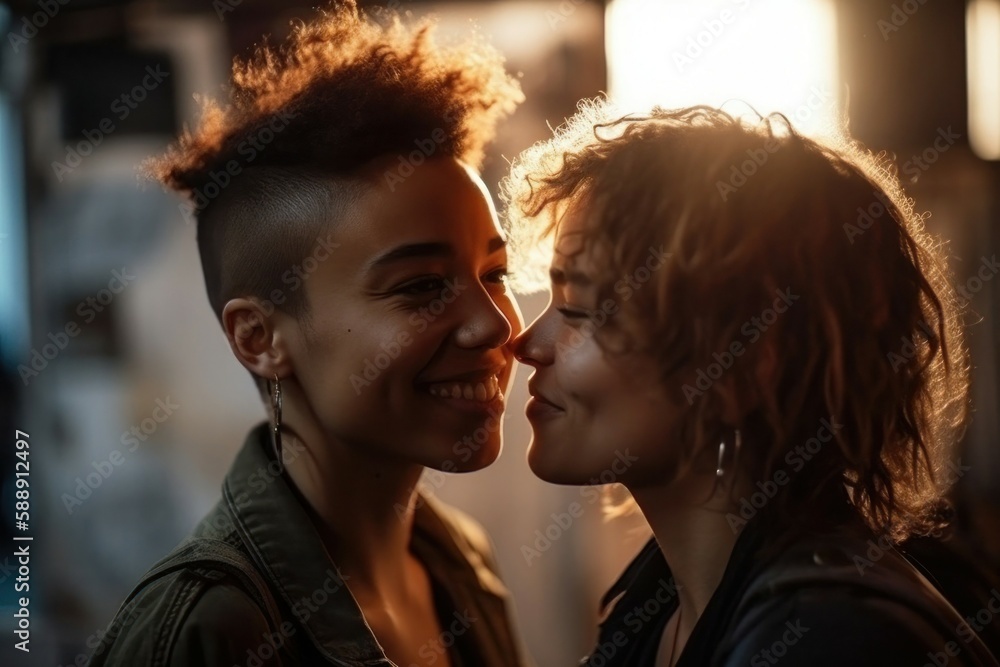 Young lesbian couple in their moment of intimacy at night in the street. AI generated, human enhanced Young lesbian couple in their moment of intimacy at night in the street. AI generated, human enhanced
