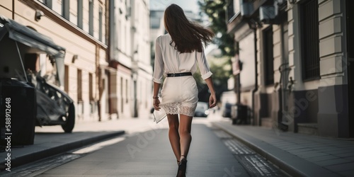 woman confidently walking down the street with short skirt flowing in wind, concept of Feminine confidence and Fashion in motion, created with Generative AI technology © koldunova