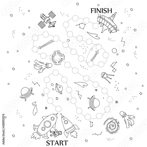Space  board game for children. Vector illustration. Space labyrinth for kids activity book. Coloring Page. A board game space theme illustration