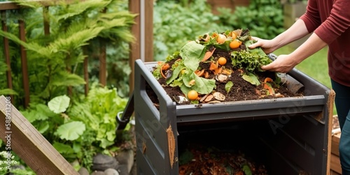Fotografiet person composting food waste in backyard compost bin gardener, concept of Sustai