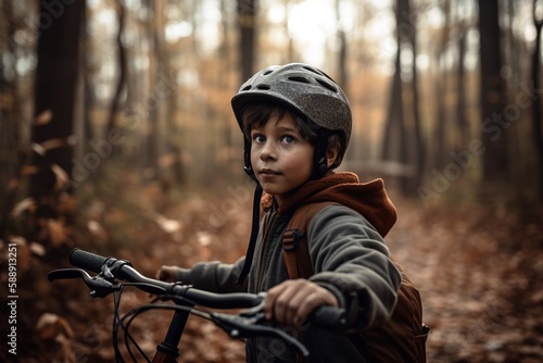 Boy riding his bicycle on a trail into the woods during autumn. Generative AI