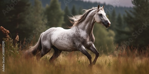 majestic horse galloping through serene meadow symbolizing freedom strength and beauty of nature  created with Generative AI technology