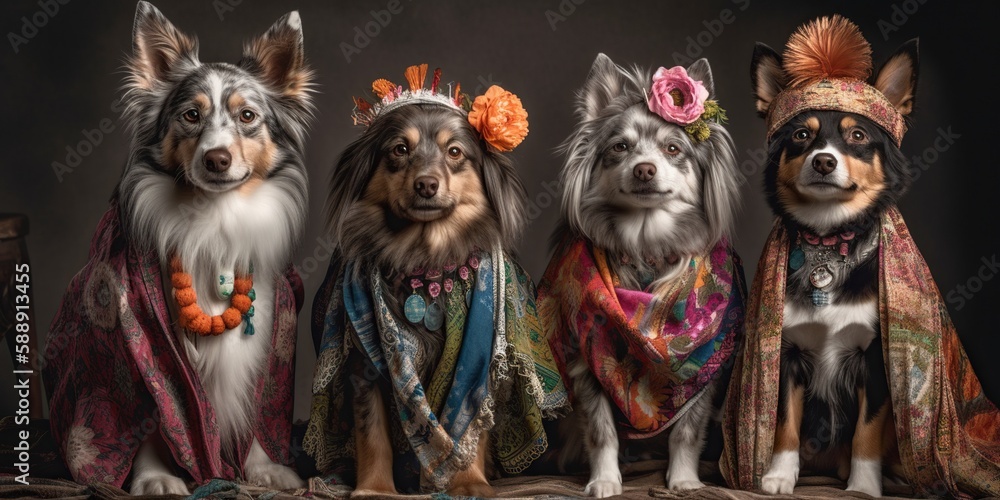 Group of positive dogs of different breeds dressed in beautiful boho clothes, concept of Animal fashion and Canine diversity, created with Generative AI technology