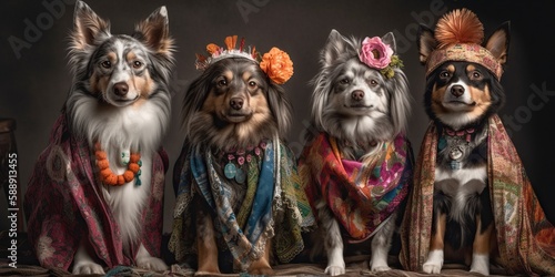 Group of positive dogs of different breeds dressed in beautiful boho clothes  concept of Animal fashion and Canine diversity  created with Generative AI technology