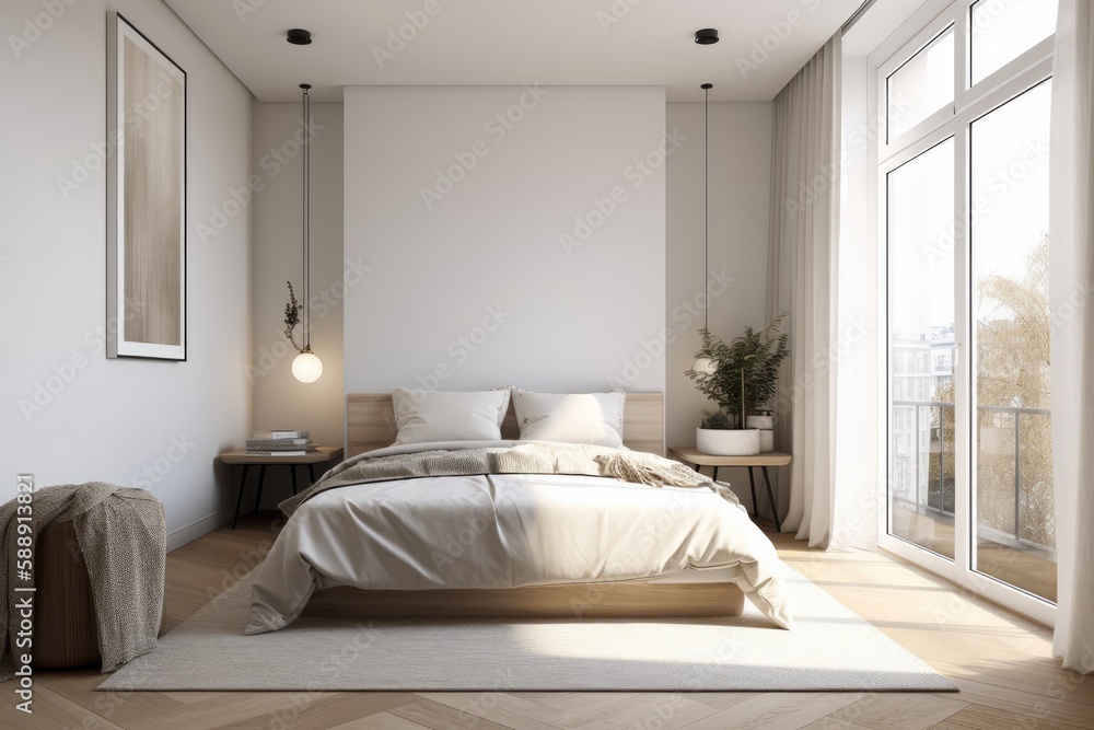 Corner view of a light bedroom interior with a bed, a large window in the ceiling, bedsides, a curtain, and a wooden hardwood floor. minimalist design principle. Room for original thought. Generative