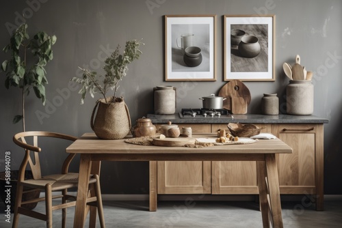 Elegant kitchen décor featuring a wooden table, a brown mock up photo frame, herbs, veggies, a teapot, mugs, and cooking utensils in the wabi sabi style. Generative AI
