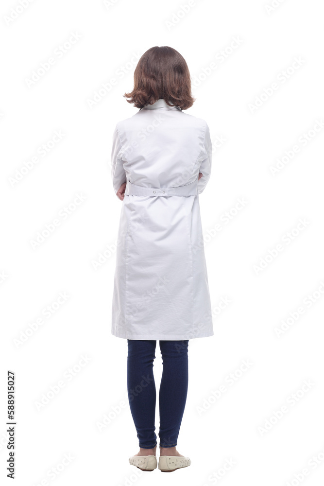 rear view. Mature female doctor with stethoscope. rear view. Mature female doctor with stethoscope.