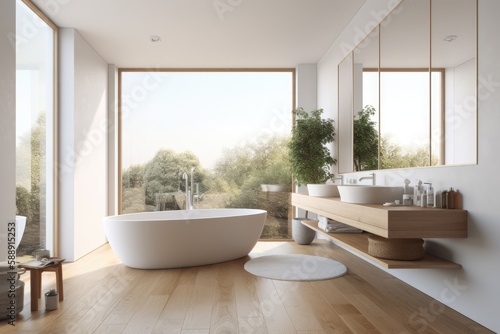 Interior of a white bathroom with a wooden floor, a white tub, and two sinks. a window with a view. an angle. a mockup. Generative AI © 2rogan