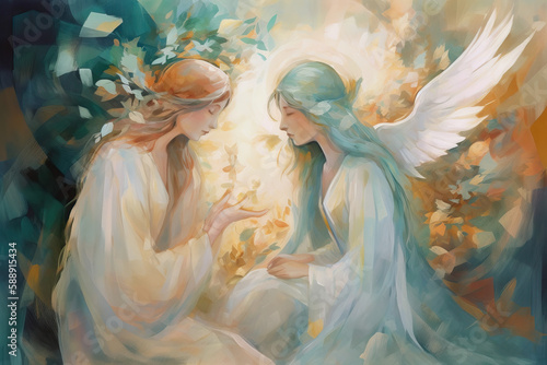 Whimsical Illustration of the Annunciation in Oil Paint Generative AI photo