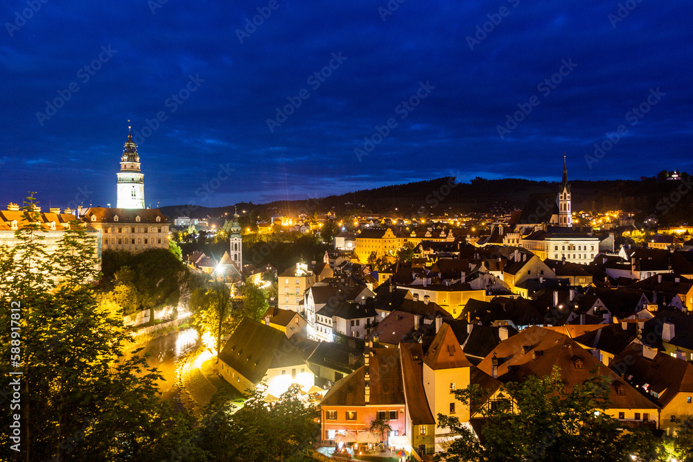 Evening aerial view of Cesky Krumlov, Czech Republic