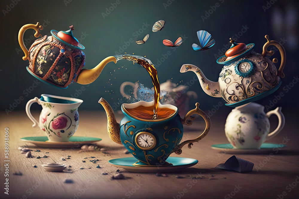 scene from Alice in Wonderland with flying teapots and cups Stock