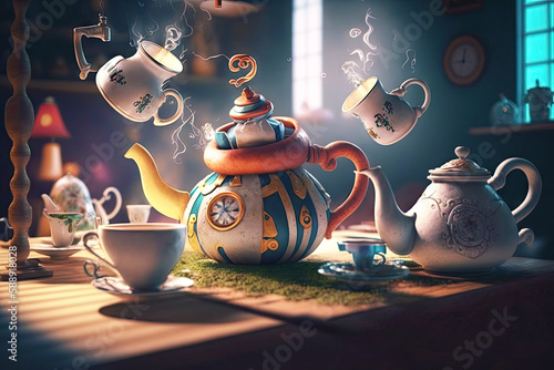 scene from Alice in Wonderland with flying teapots and cups