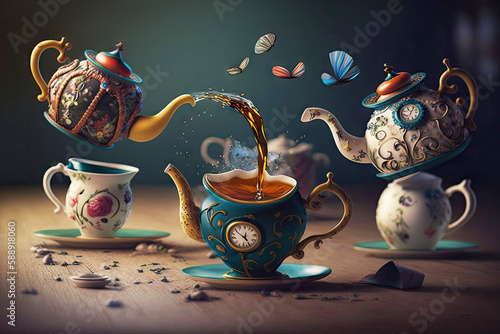 scene from Alice in Wonderland with flying teapots and cups photo