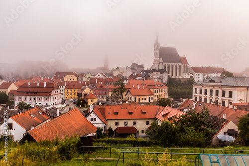 Morning foggy view of Cesky Krumlov, Czech Republic