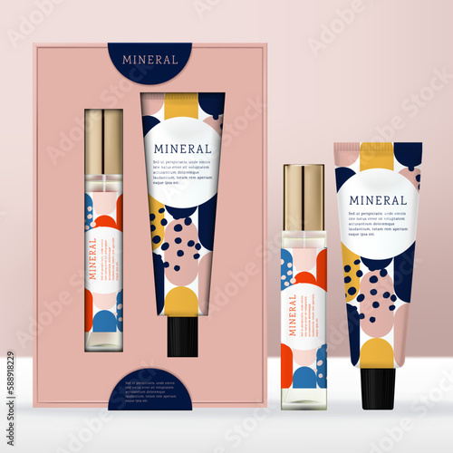 Vector Clear Glass or Plastic Tall Screw Cap Perfume or Fragrance Bottle and Hand Cream Tube with Abstract Print Open Window Carton Box Packaging.