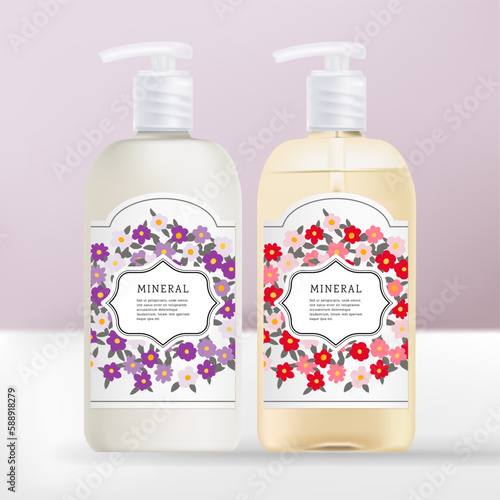 Vector Tinted Opaque or Clear Plastic Spray, Pump or Serum Bottle Package Set with Floral Print Wrapping Label. Transparent White Caps.