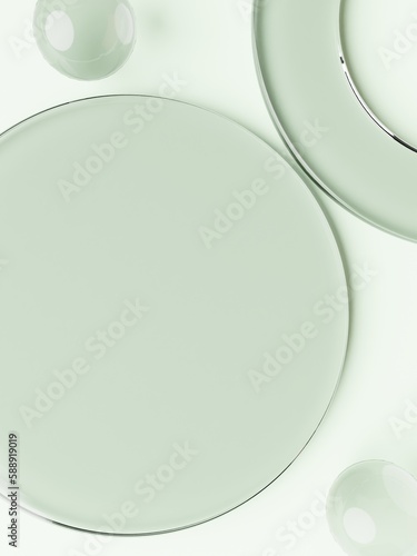 3D Rendering Geometric or Abstract Shape Pastel Green Acrylic Glass Plates Product Display Background for Summer Healthcare and Skincare Products.