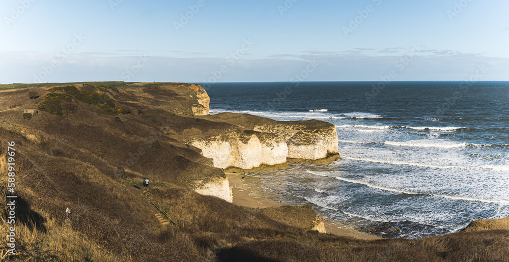Amazing view from cliff to seashore during beautiful sunny day. Flamborough Head in Britain. High quality photo