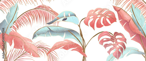 Art background with pink and blue tropical leaves with golden line elements. Botanical watercolor style wallpaper for banner design, decor, print, interior design.