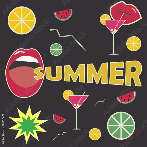Summer background in retro style of the 90s. Lips, cocktail, orange slices, watermelon. Vintage summer stickers with an outline on a black background in retro color. Vector illustration.