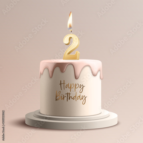 One Year. Vector Birthday Anniversary Sweet Cake. Greeting Card, Banner with 3d Realistic Burning Golden Birthday Party Candle, Number, Flame. Icon Design Template for Birthday Concept. Front View