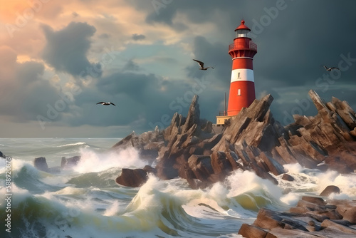 View Frontal with a lighthouse on the edge of a rough sea with waves.