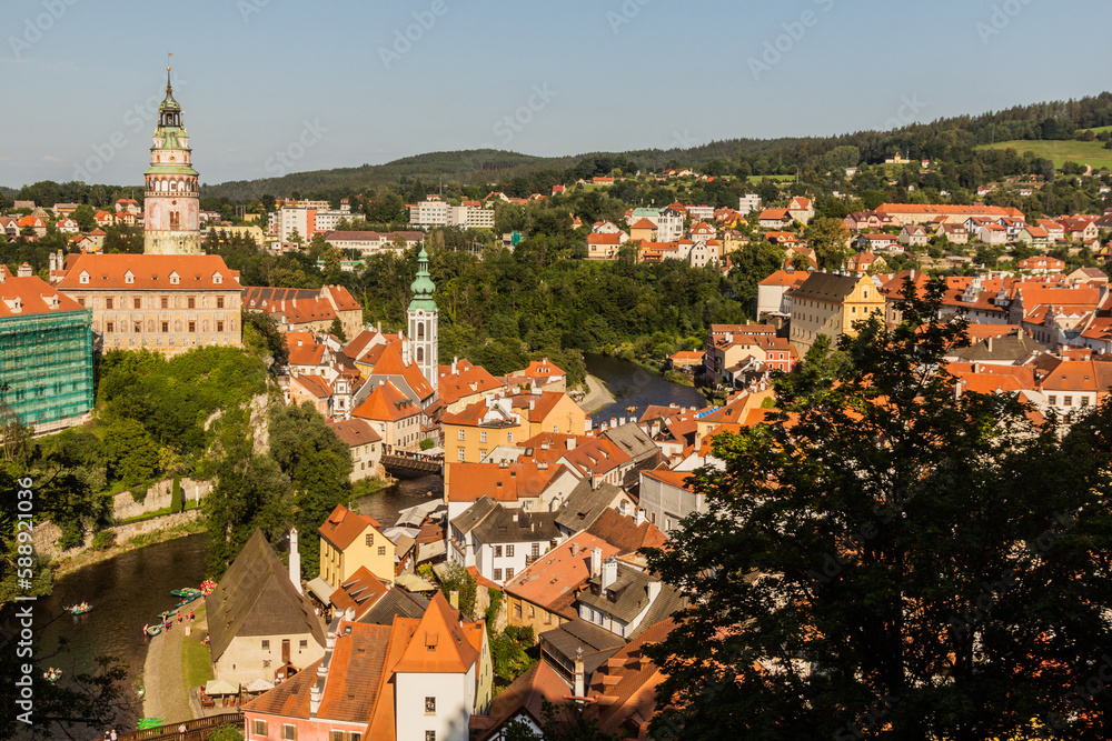 Obraz premium Aerial view of Cesky Krumlov town with the castle, Czech Republic