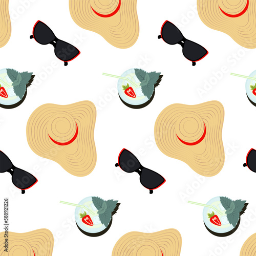 Seamless pattern of wide brimmed hat, sunglasses and mojito cocktail with mint and strawberry. EPS
